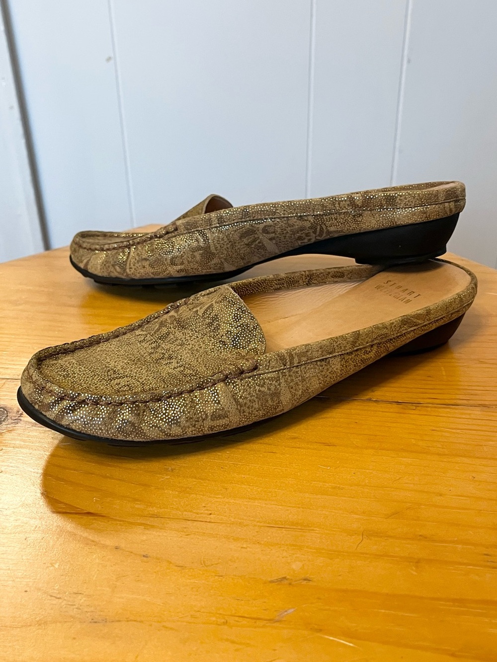Stuart Weitzman Spain Slip On Driving Loafers Mules Metallic Patterned Leather